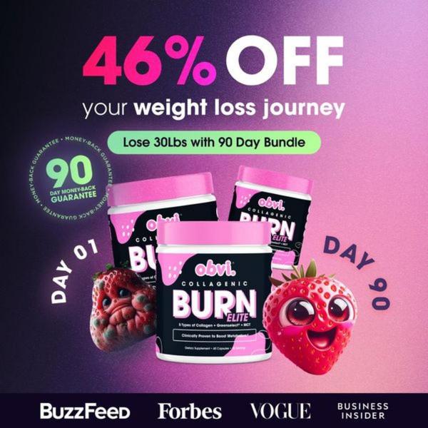 A 1:1 image advertisement for a collagen burn supplement, featuring a bold discount offer, a specific weight loss claim, and social proof.